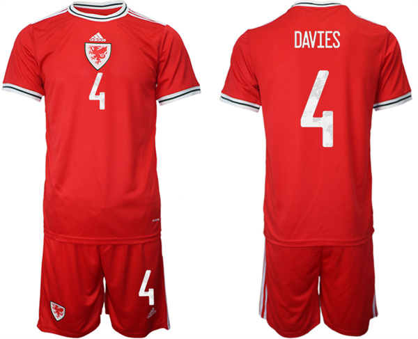 Men's Wales #4 Davies Red Home Soccer Jersey Suit